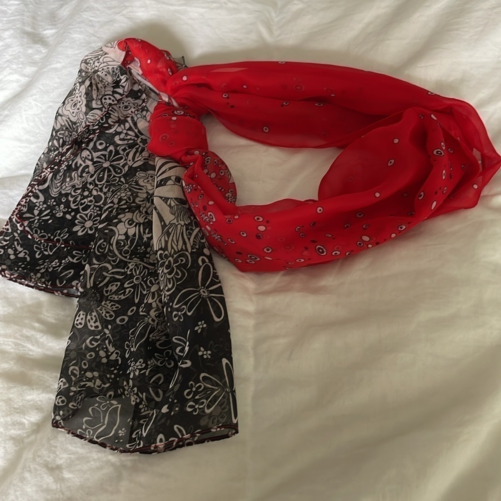 Beautiful Red|Black|Cream | Floral Neck /Hair Scarf | Polyester| 18.5” X 57 “ - Picture 5 of 12